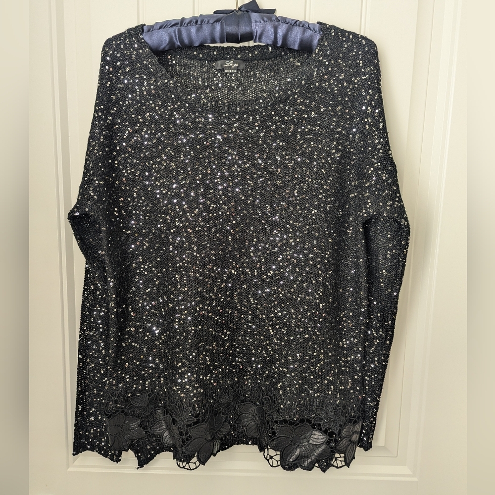 Laje Black Sequin and Floral Leather Sweater